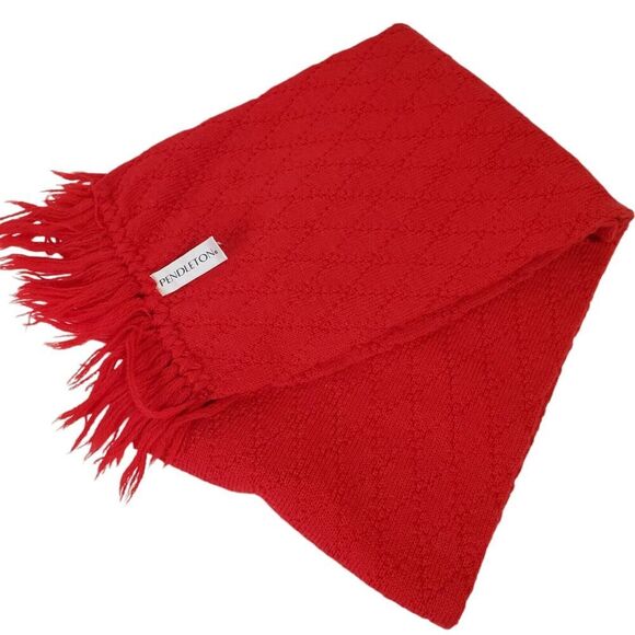 Pendleton Red 100% Wool Scarf Diamond Knit Design Fringe Winter Holidays 50x8.5 - Picture 1 of 4